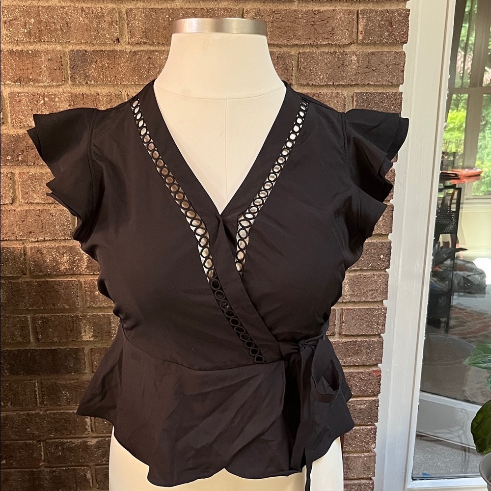 Milk & Honey Faux Wrap Black Ruffle Sleeve and Eyelet Blouse XL
